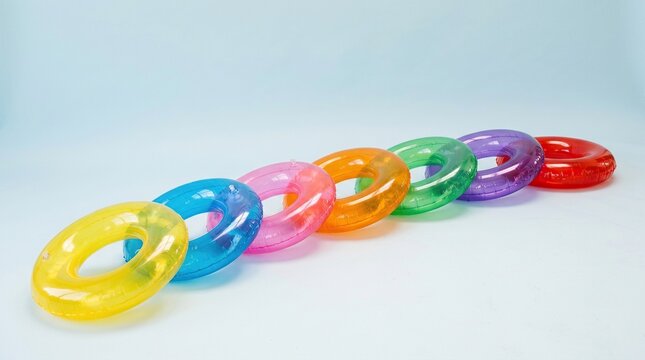 Colorful inflatable pool rings lined up on a light background for summer fun