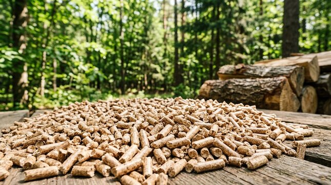 Wood pellets arranged on a wooden surface in a forest setting surrounded by greenery