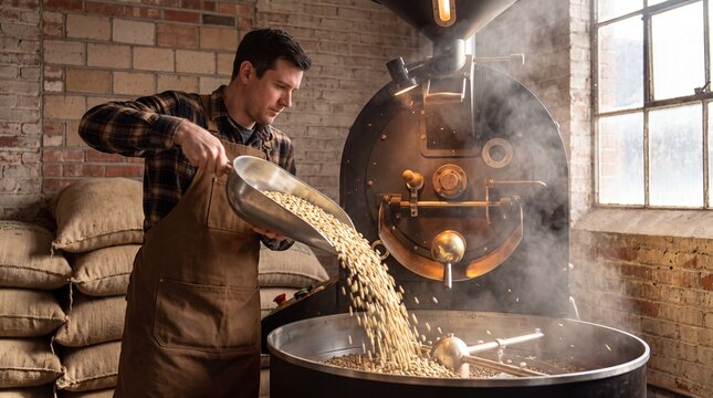 Coffee Roaster Shoveling Green Beans into a Spinning Drum Roaster