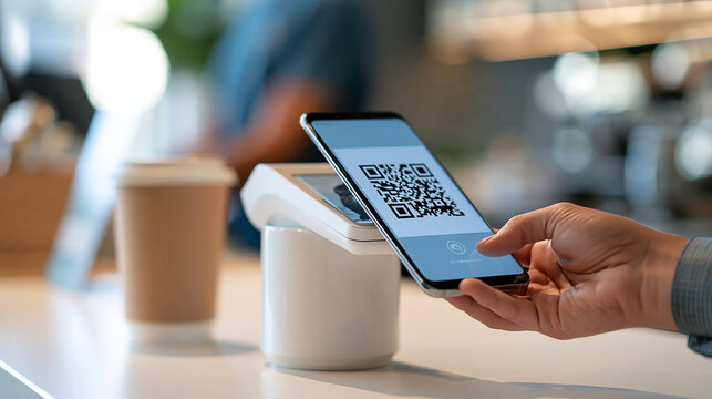 Close-up of hand scanning a generic QR payment code displayed at a small retail counter, mobile commerce, QR payment, digital wallet, cashless transaction, retail technology, with