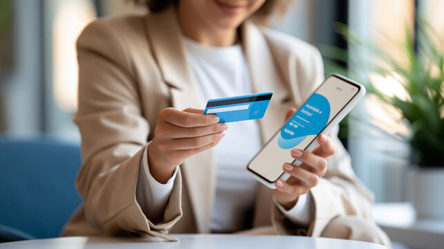 Woman holding payment card while checking a generic banking app showing available balance, account management, consumer finance, digital banking, budgeting, financial awareness,