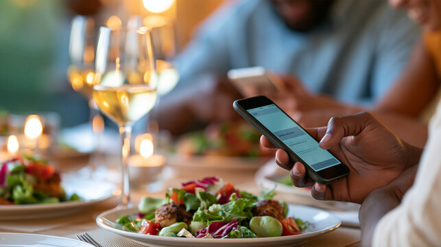 Black man using smartphone to send money during a casual dinner with friends, peer-to-peer payment, mobile finance, cashless spending, digital wallet, social lifestyle, with copy