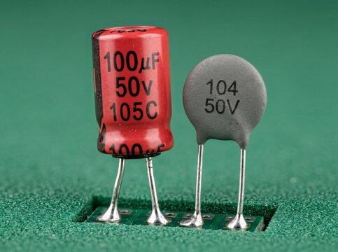 Red electrolytic and grey ceramic capacitor standing on green board circuit assembly.