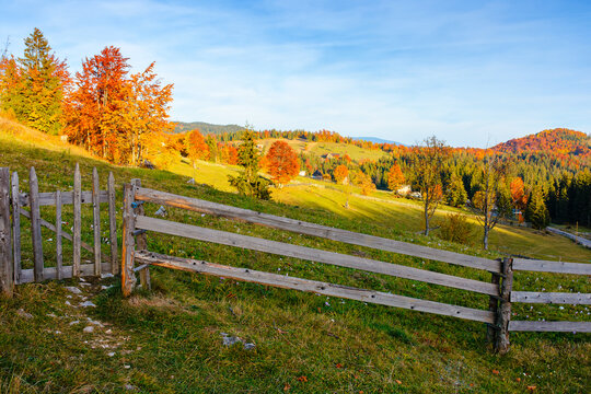 Romania countryside on autumn evening. mountain scenery with wooden fence through hill. rural life in remote area of Apuseni natural park