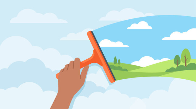 Hand using squeegee to clean window and reveal clear countryside view.