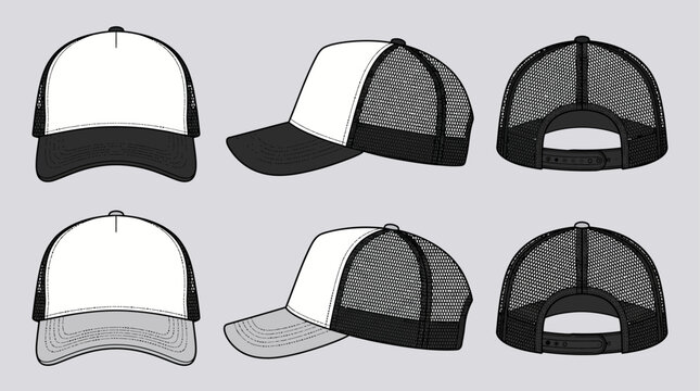 Set of six baseball cap mockup views in grayscale for design.