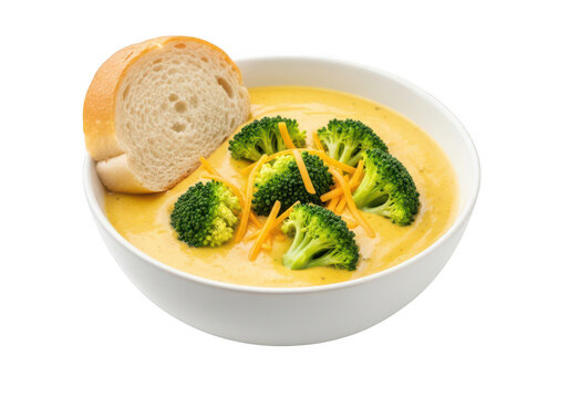 Creamy broccoli cheddar soup with bread roll sits in a white bowl on transparent background