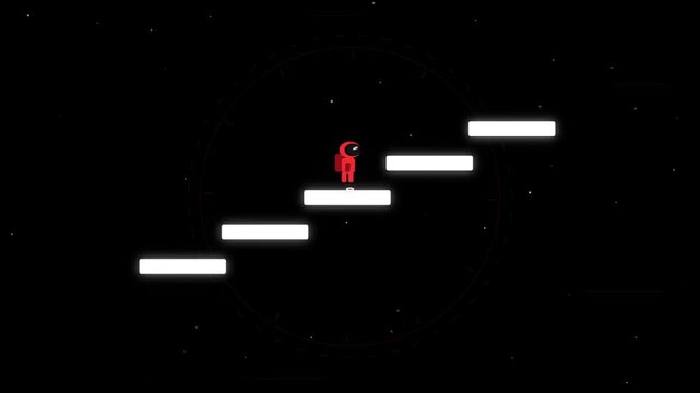 Minimalist scifi illustration of a red astronaut standing on glowing white floating stairs in dark space, concept of career growth, gaming platformer, and achieving goals