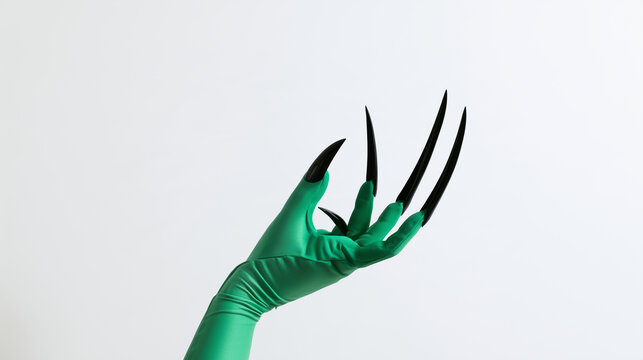 Emerald green female hand with extremely long sharp black fingernails extending upward from the wrist, fingers curled dramatically like a sinister witch casting a spell on an isola