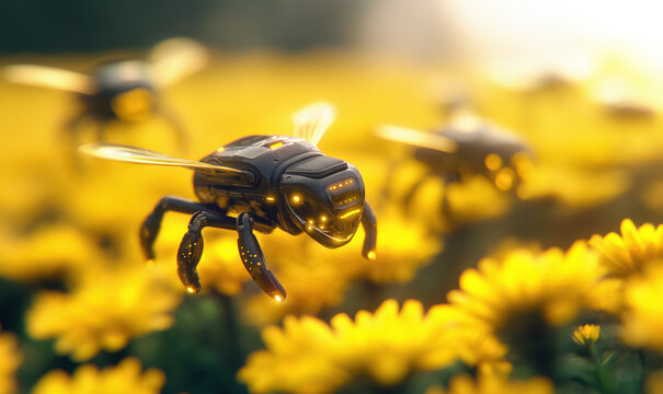 Miniature drones resembling bees flying over flowers, futuristic agriculture technology used for artificial pollination. Generative AI