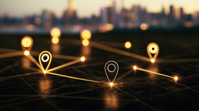 Glowing location pins connected across a dark digital map surface, multiple geographic markers forming a network of destinations with a blurred city skyline in the background, geol