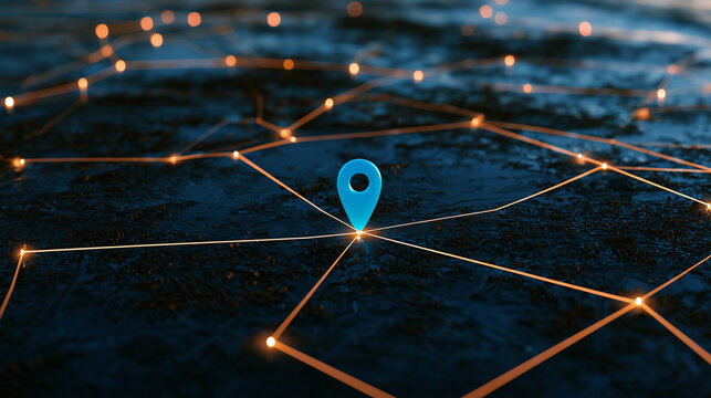 Digital map with illuminated destination markers linked by subtle routes across a futuristic urban landscape, selective focus on a central blue location pin surrounded by orange po