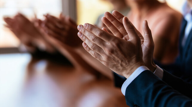 Professional hands clapping around a conference table during a successful business meeting in a modern office, close-up capturing team applause after a presentation or positive ann
