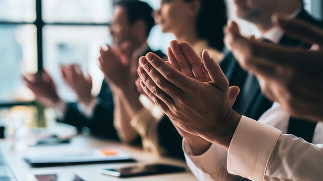 Professional hands clapping around a conference table during a successful business meeting in a modern office, close-up capturing team applause after a presentation or positive ann