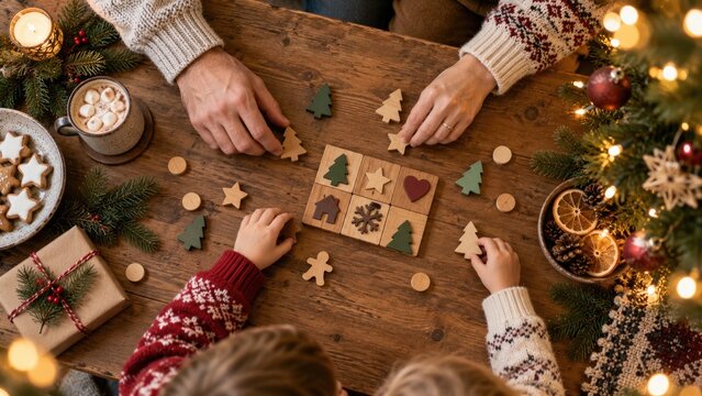 Family playing a wooden Christmas memory matching game on a rustic table surrounded by holiday treats and decorations