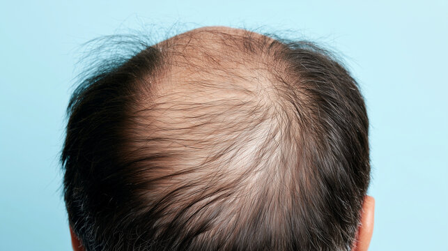 Top view of a middle-aged man with advanced hair thinning across the crown and frontal scalp, visible receding hairline and sparse density exposing the skin, male pattern baldness,
