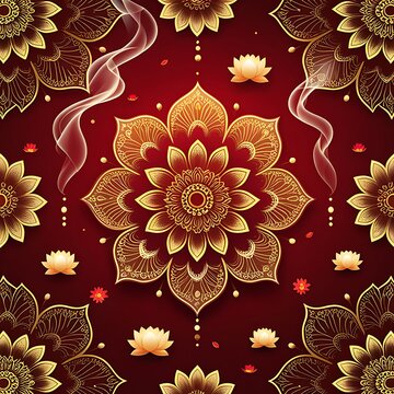 Golden mandala pattern deep red background lotus flowers smoke swirls hd images