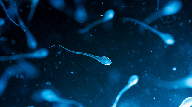 Spermatozoa moving through dark blue biological fluid under microscopic magnification, selective focus on individual cells with translucent tails surrounded by softly blurred parti
