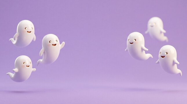 Cute little white ghosts floating on purple background