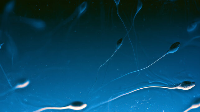 Microscopic sperm cells swimming through a deep blue fluid environment, several spermatozoa visible with detailed heads and long tails moving toward the center of the frame, male f