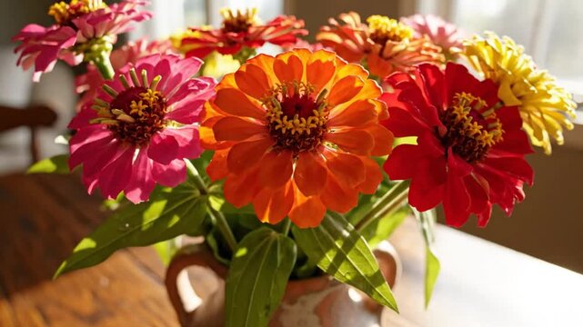 Beautiful close up of colorful zinnias in a rustic vase sitting on a warm wooden table