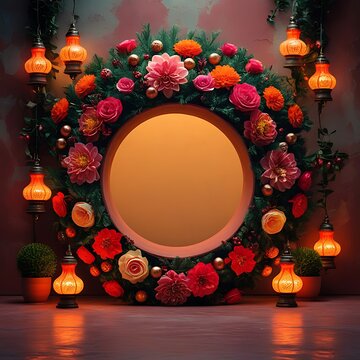 Round mirror colorful flowers glowing lanterns festive decor pictures
