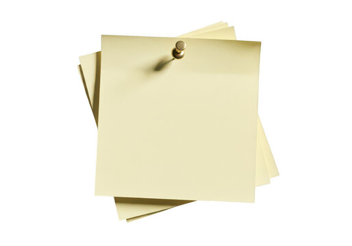 Stack of yellow sticky notes with a metal push pin isolated on transparent background