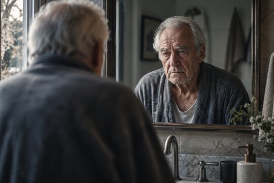 Unhappy mature man looking in a bathroom mirror from a shoulder view