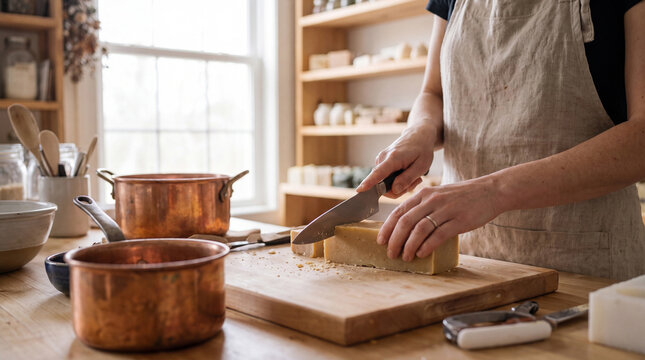 Woman's hands in an apron cutting a block of natural soap on a wooden board, showcasing the meticulous process of creating artisanal personal care products in a home based workshop