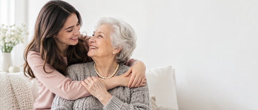 A happy grandmother and daughter embracing each other with smiles.