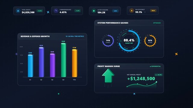 Financial dashboard interface displaying revenue growth bar charts and system performance metrics in dark mode