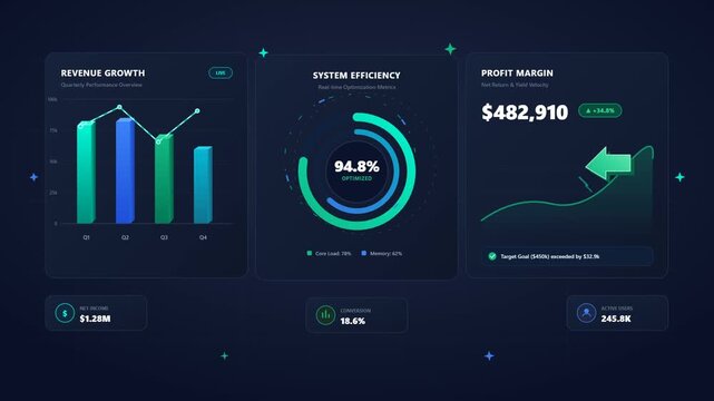 Futuristic dashboard displaying business analytics revenue growth and system efficiency