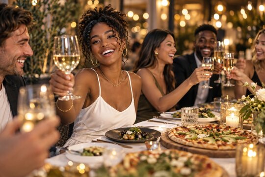 Diverse group of friends enjoying a celebratory toast with wine and food at a party.