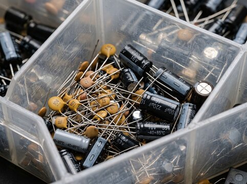 Transparent plastic container filled with assorted electronic components for electrical work.