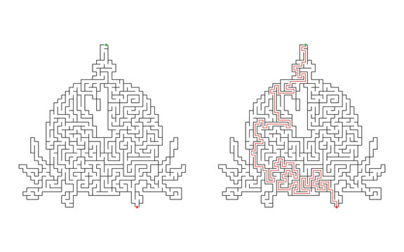 Christmas clock shaped labyrinth puzzle, displayed unsolved and solved with red route connecting green start and red finish on white background