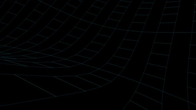 Abstract glowing cyan wireframe mesh tunnel undulating in digital space for motion graphics