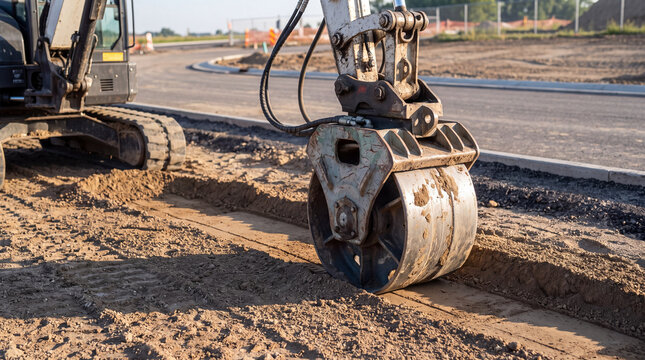 Excavator with compaction wheel attachment working on a road construction site