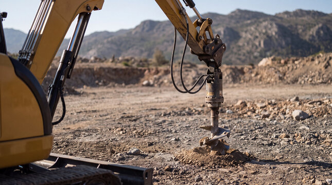 Excavator auger drilling hard ground at a construction site