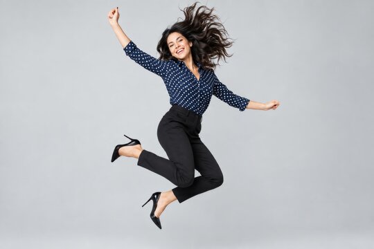 Optimistic young woman in a blue blouse and black trousers jumping happily on a grey background.