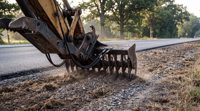 Excavator grading soil at a construction site