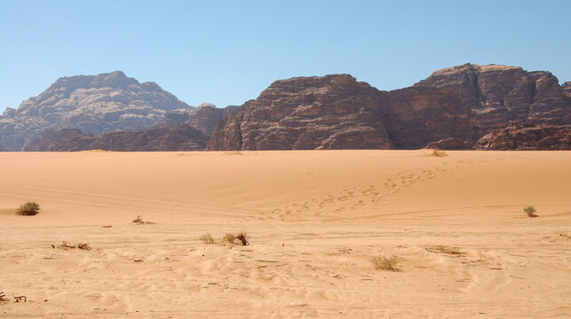 Wadi rum desert showing vast sand dunes and rugged mountains under a clear sky, Middle East Jordan Asia