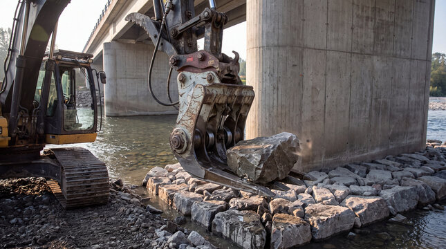 Excavator with hydraulic thumb attachment placing heavy riprap rocks near concrete bridge pier