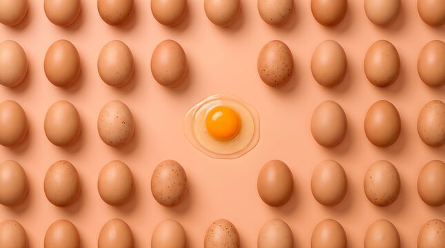 A single raw egg yolk surrounded by a uniform grid pattern of whole brown chicken eggs