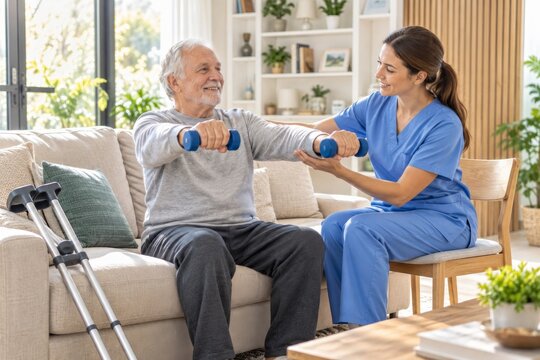 A female nurse in blue scrubs helping a senior man with his rehabilitation exercises.