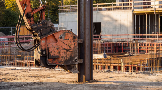 Excavator arm operating a heavy pile driver at active construction site