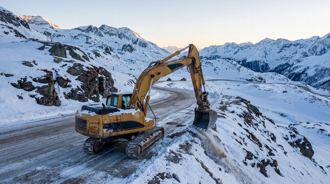 Excavator clearing snow on a mountain road