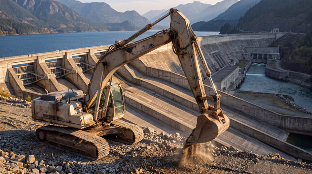 Excavator working at a dam construction site