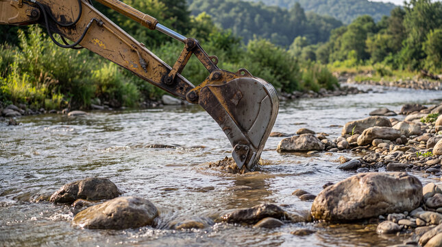 Excavator working beside a river for bank construction