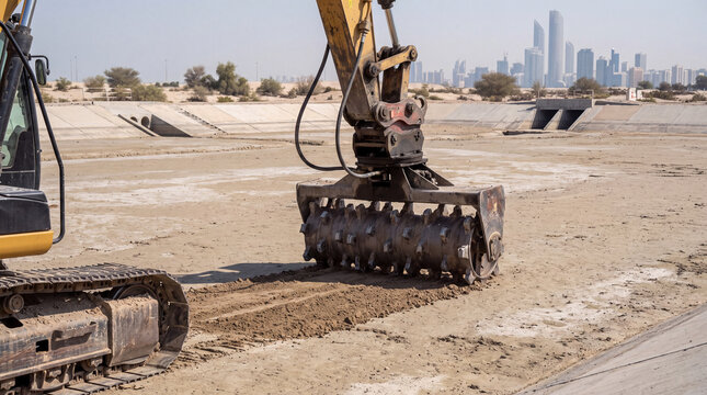 Excavator grading and leveling soil on a construction site