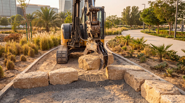 Excavator machine moving large stone blocks in public park landscape construction